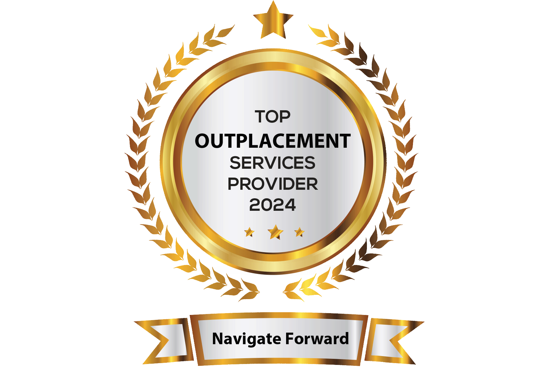 Gold trophy on white background with text Top Outplacement Services Provider 2024 Navigate Forward